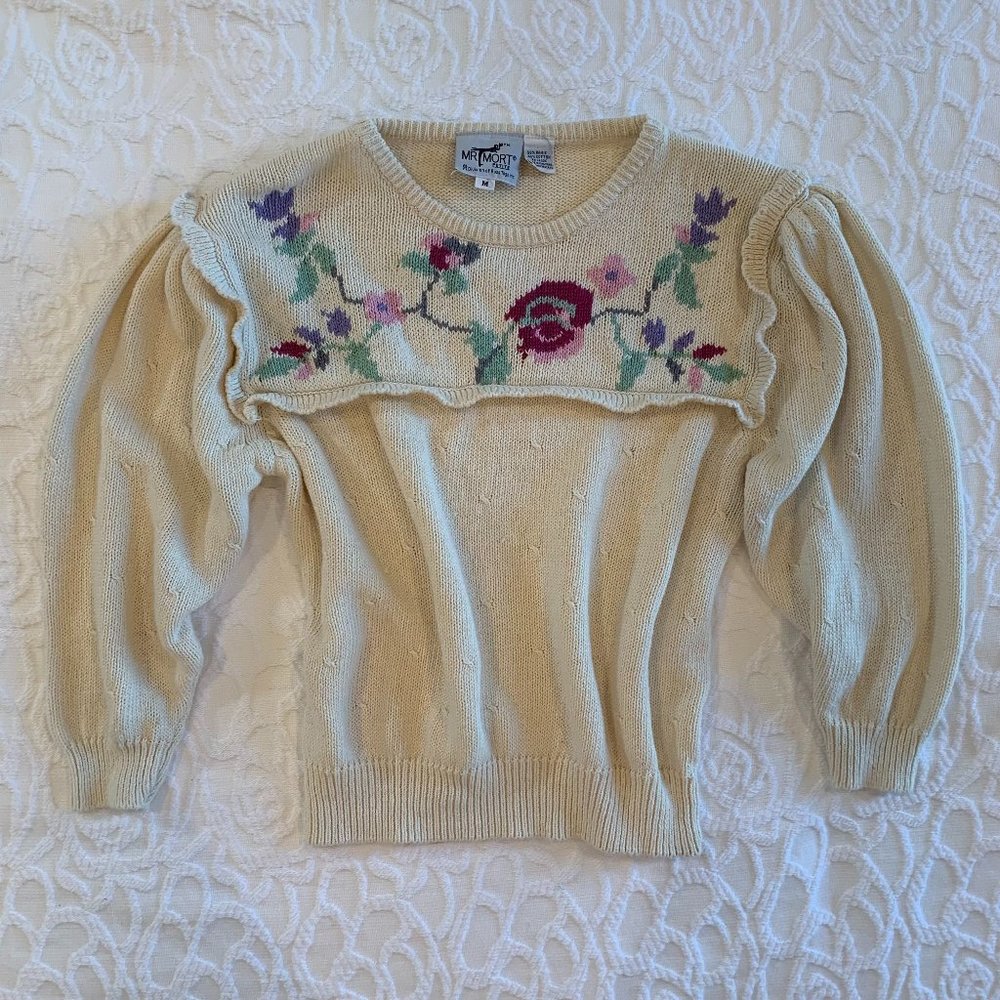 Vintage Mr. Mort Knit Sweater Ruffle Floral Cream